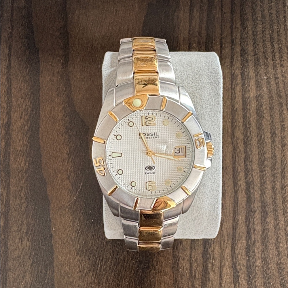 Fossil Two-Tone Gold and Silver Watch with blue logo